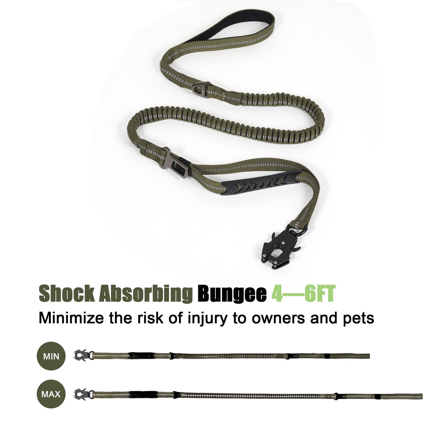 Heavy Duty Tactical Bungee Dog Leash, 4-6FT No Pull Dog Leash with Quick Release Carabiner, Reflective Shock Absorbing Leashes with Car Seatbelt