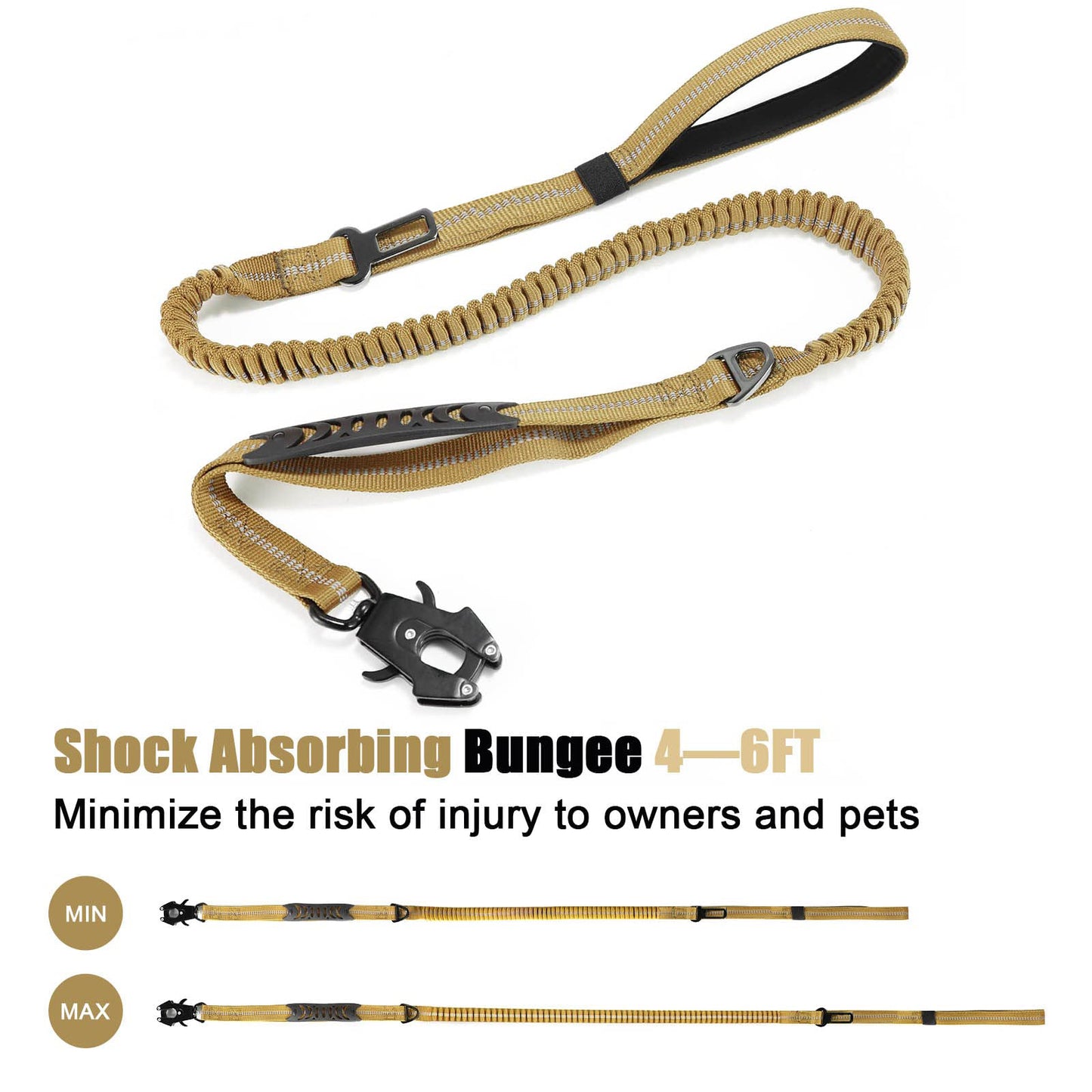 Heavy Duty Tactical Bungee Dog Leash, 4-6FT No Pull Dog Leash with Quick Release Carabiner, Reflective Shock Absorbing Leashes with Car Seatbelt