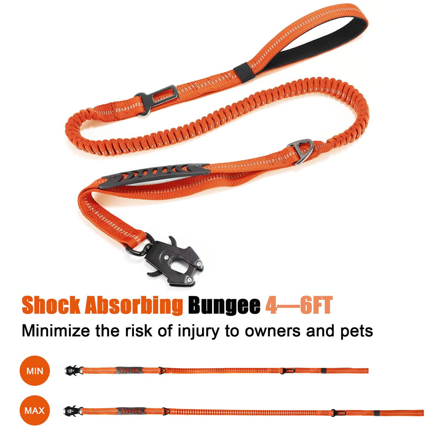 Heavy Duty Tactical Bungee Dog Leash, 4-6FT No Pull Dog Leash with Quick Release Carabiner, Reflective Shock Absorbing Leashes with Car Seatbelt