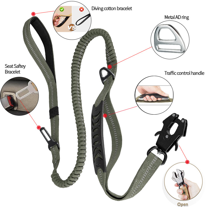 Heavy Duty Tactical Bungee Dog Leash, 4-6FT No Pull Dog Leash with Quick Release Carabiner, Reflective Shock Absorbing Leashes with Car Seatbelt