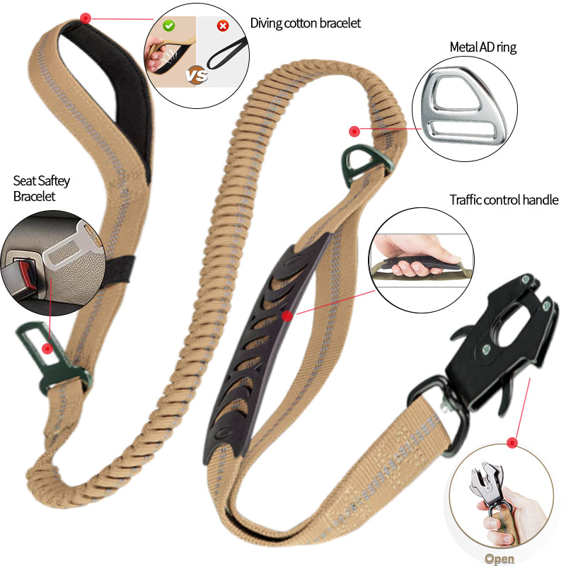 Heavy Duty Tactical Bungee Dog Leash, 4-6FT No Pull Dog Leash with Quick Release Carabiner, Reflective Shock Absorbing Leashes with Car Seatbelt